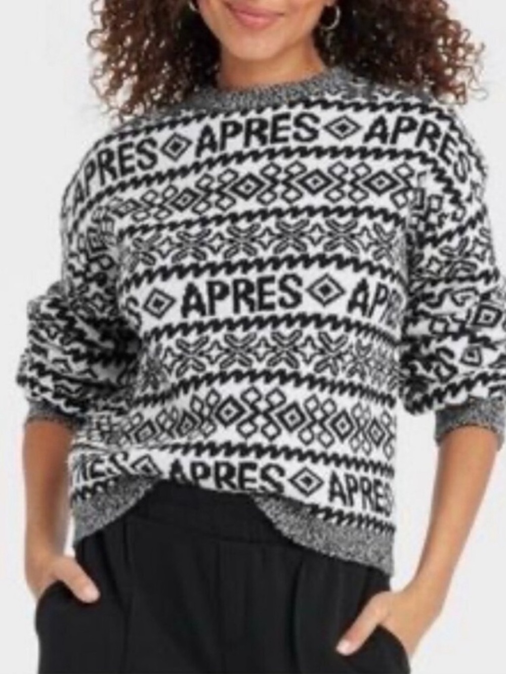 A New Day Apres Sweater Black & White Nordic Fair Isle Design Apres Ski Small